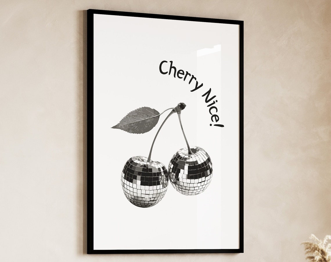 Cherry Nice Black White Disco Ball Cherries Minimalist Poster