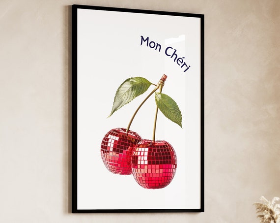 Cherry Disco Ball Poster Minimalist Cherry Prints Aesthetic Posters Coquette Cherries Retro Wall Art Disco Ball Decor Trendy Wall Art