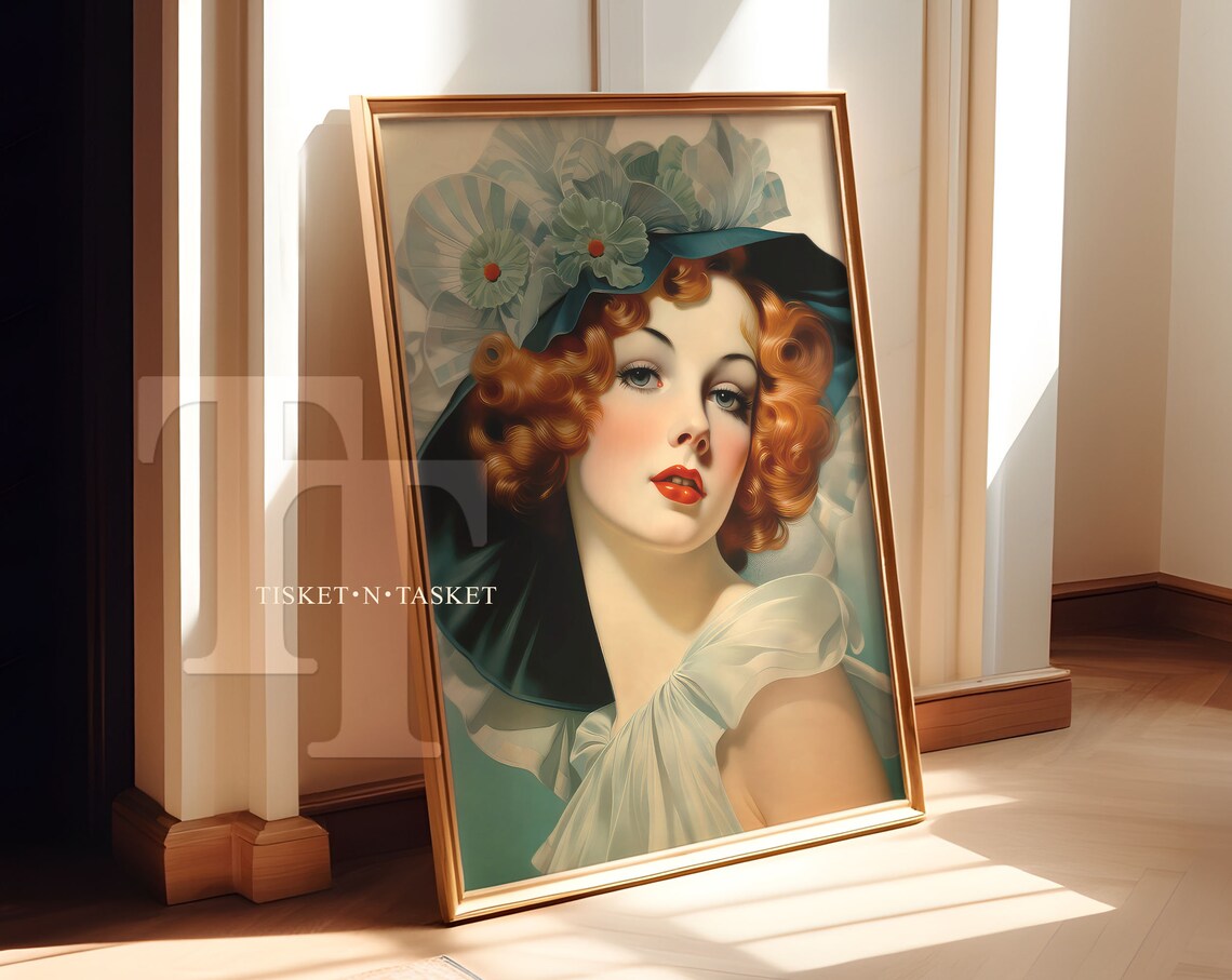 Vintage Art Deco Redhead Woman Blue Floral Hat Portrait Poster