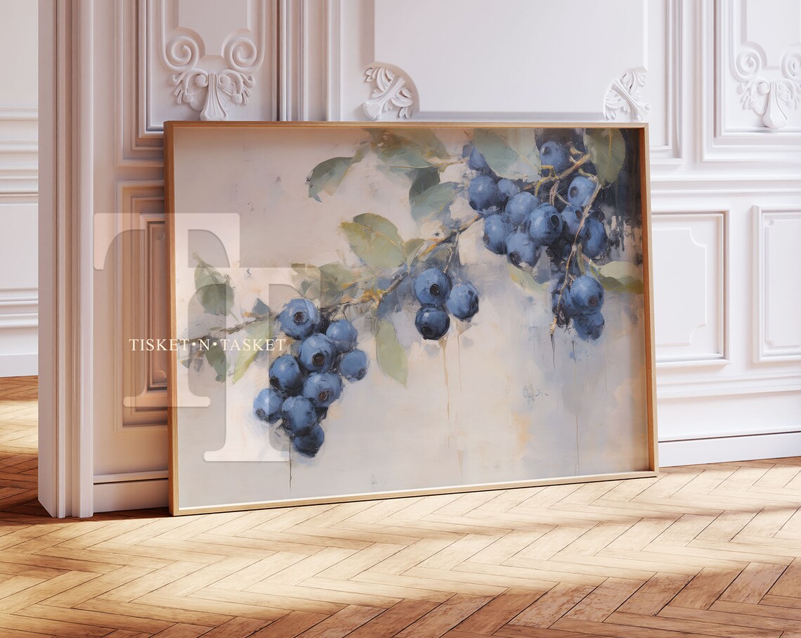 Blueberry Branch Vintage Botanical Painting Horizontal Kitchen Wall Art