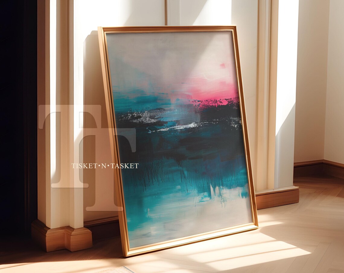 Pink and Blue Abstract Textured Painting Ocean Horizon Modern Wall Art