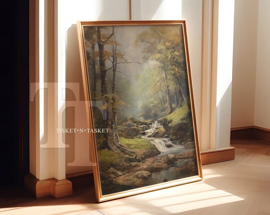 Misty Forest Brook Waterfall Vintage Landscape Painting Print