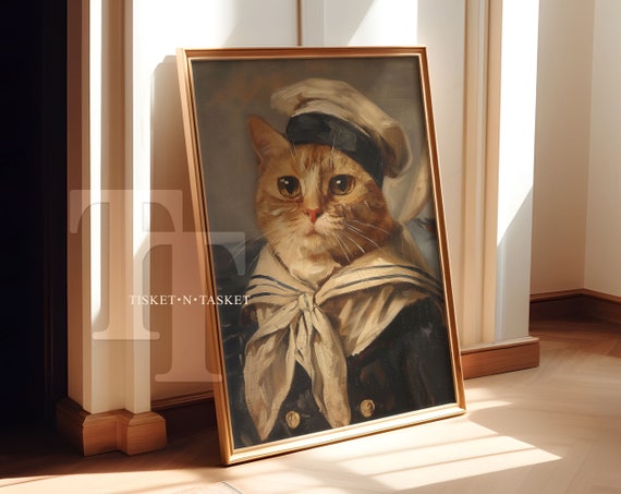 Cat Sailor Portrait Vintage Style Painting Wall Art