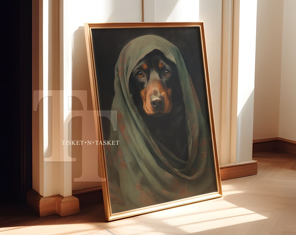 Vintage Dog Portrait Wearing Veil Oil Painting Quirky Animal Wall Art