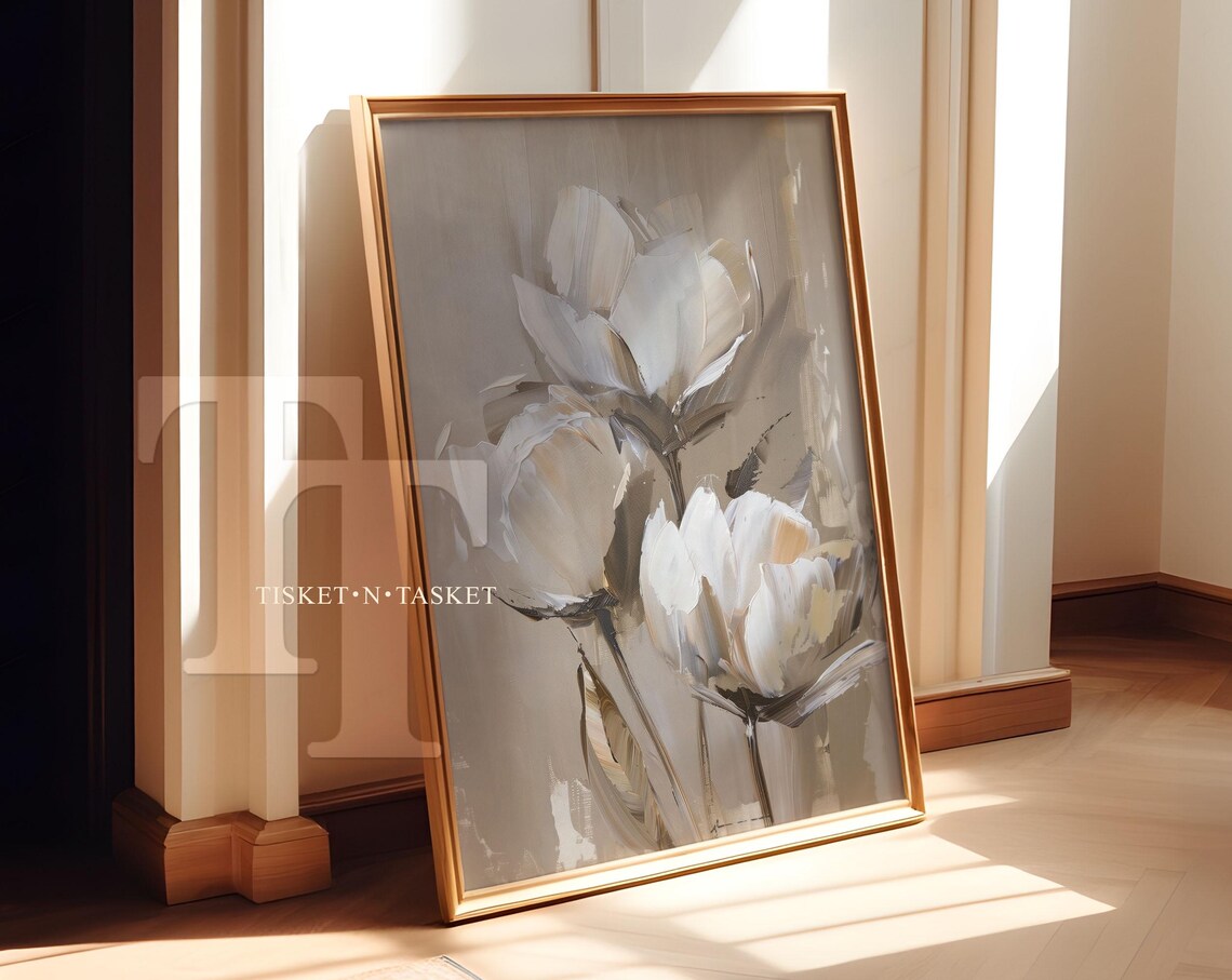 Simple Neutral White Flowers Painting Elegant Minimal Floral Wall Art