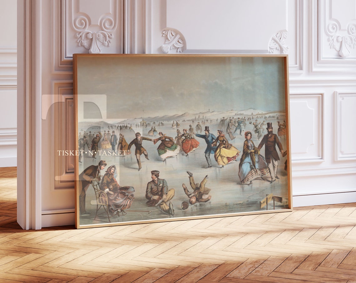 Vintage Central Park Ice Skating Scene 1800s Style Art Poster