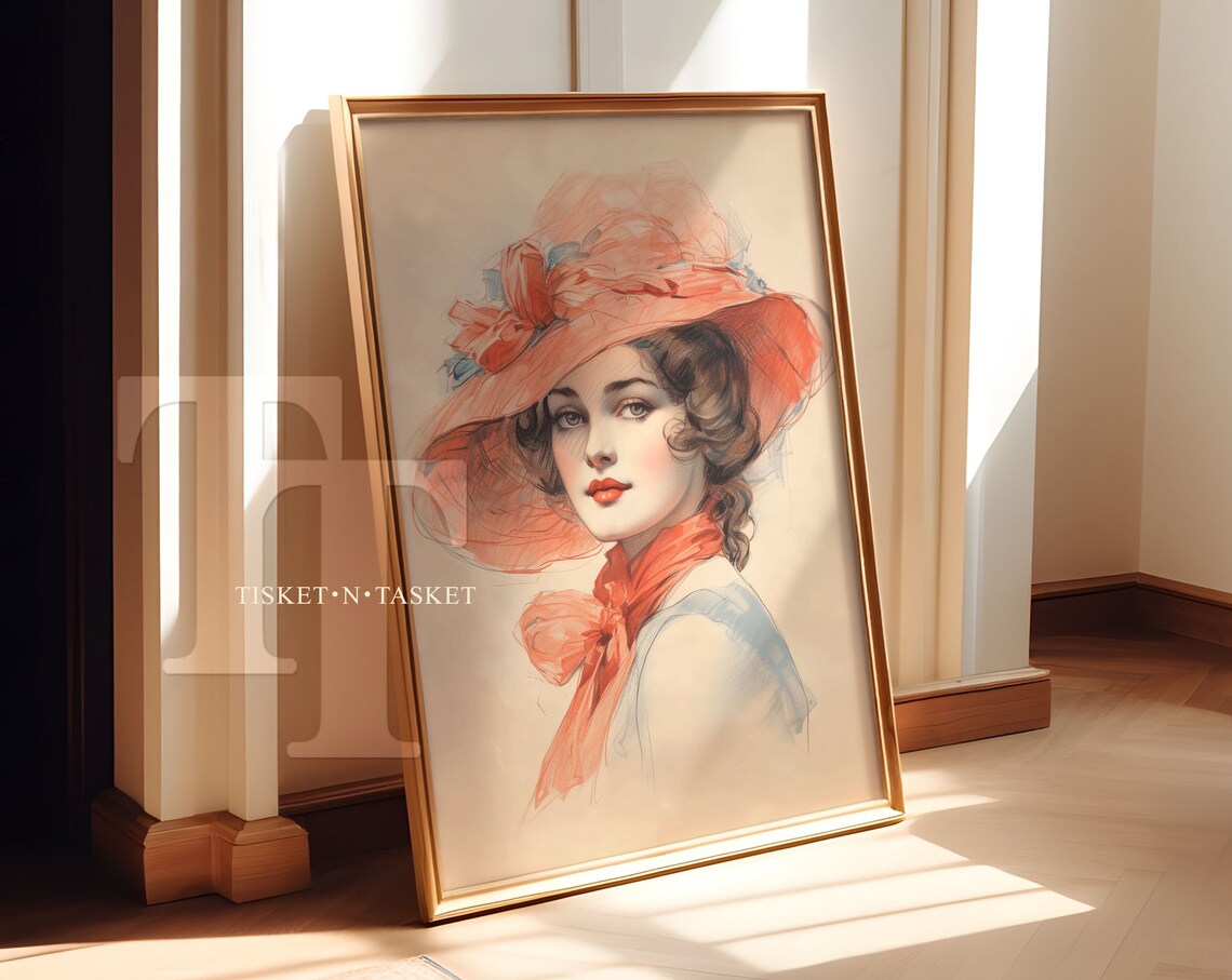 Vintage Woman in Coral Hat and Scarf Romantic Sketch Portrait Poster