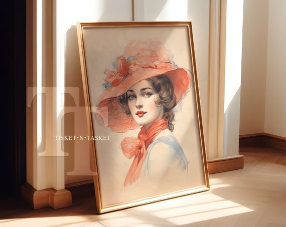 Blue Red Portrait Of A Woman Vintage Style Drawing Vertical Wall Art