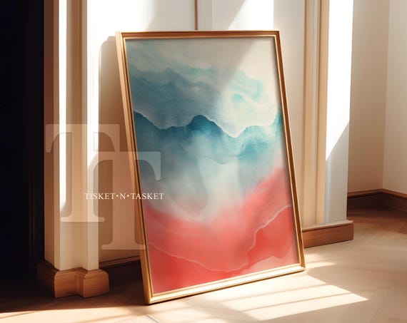 Blue And Pink Abstract Marble Watercolor Two Tone Simple Painting Vertical Wall Art