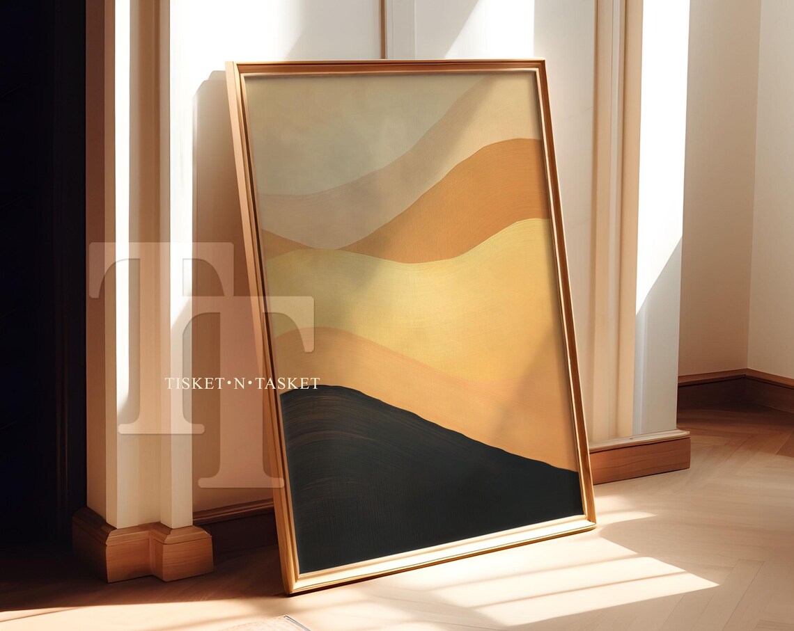 Golden Yellow Wavy Brushstroke Abstract Painting Modern Wall Art