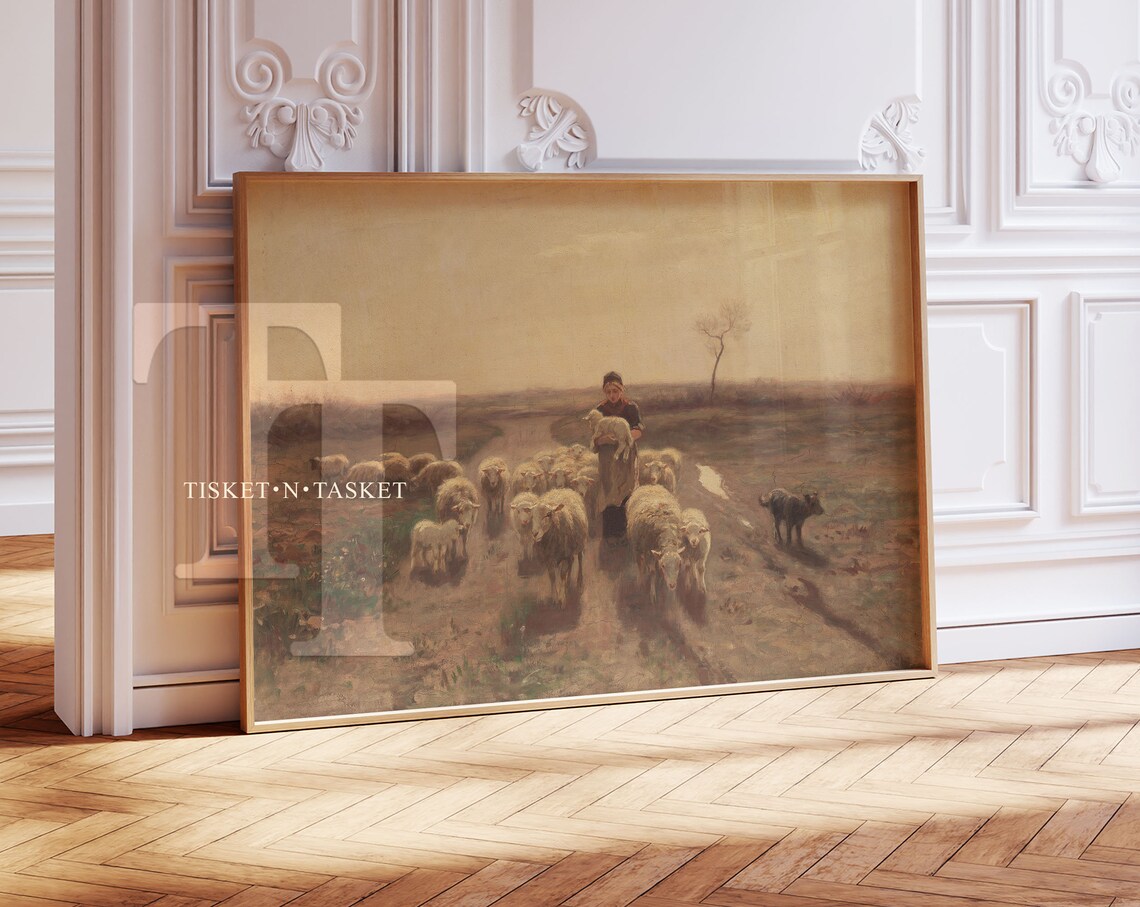 Shepherdess and Her Flock Vintage Oil Painting Anton Mauve Style Print