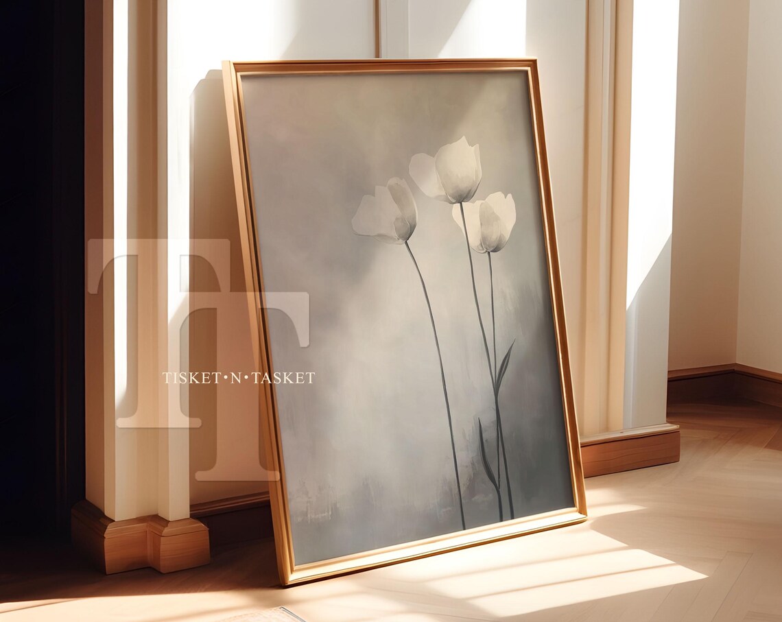 White Tulips Minimalist Grey Floral Painting Soft Botanical Wall Art