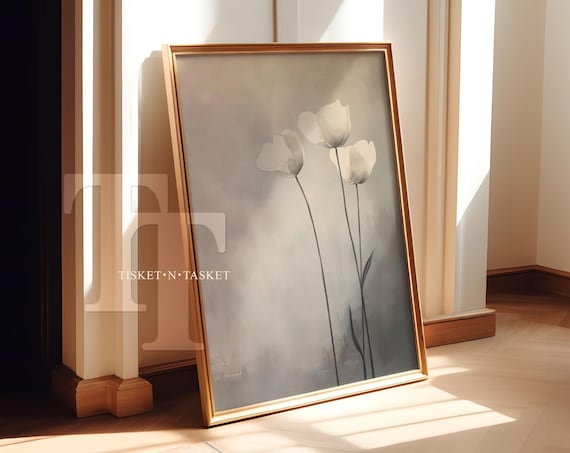 White Tulips Minimalist Grey Floral Painting Soft Botanical Wall Art