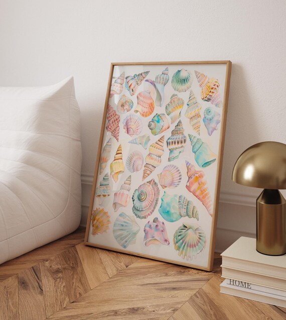 Watercolor Pastel Seashells Mint Peach Conch Coastal Art Poster
