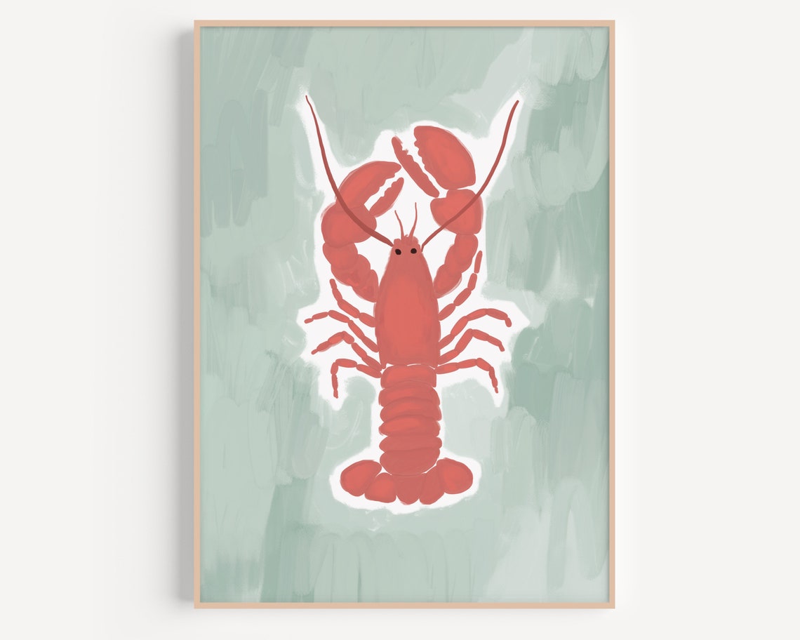 Red Lobster Cute Seafood Illustration Sage Green Beach Poster
