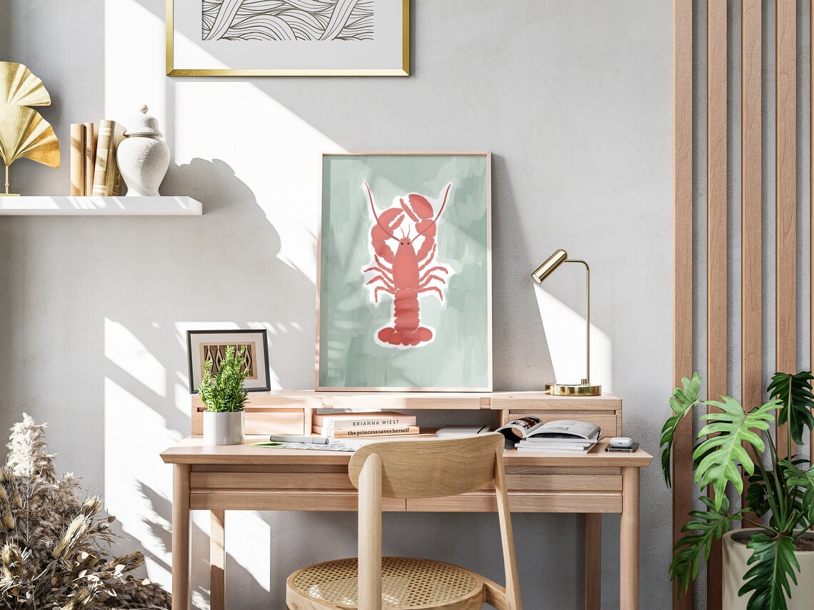 Red Lobster Cute Seafood Illustration Sage Green Beach Poster - Image 3