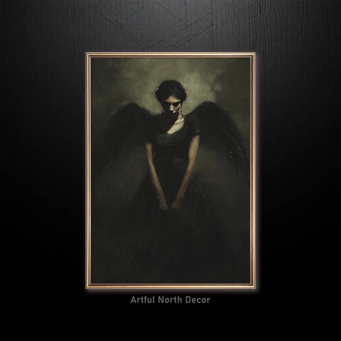 Dark Angel With Black Wings Moody Gothic Oil Painting Poster