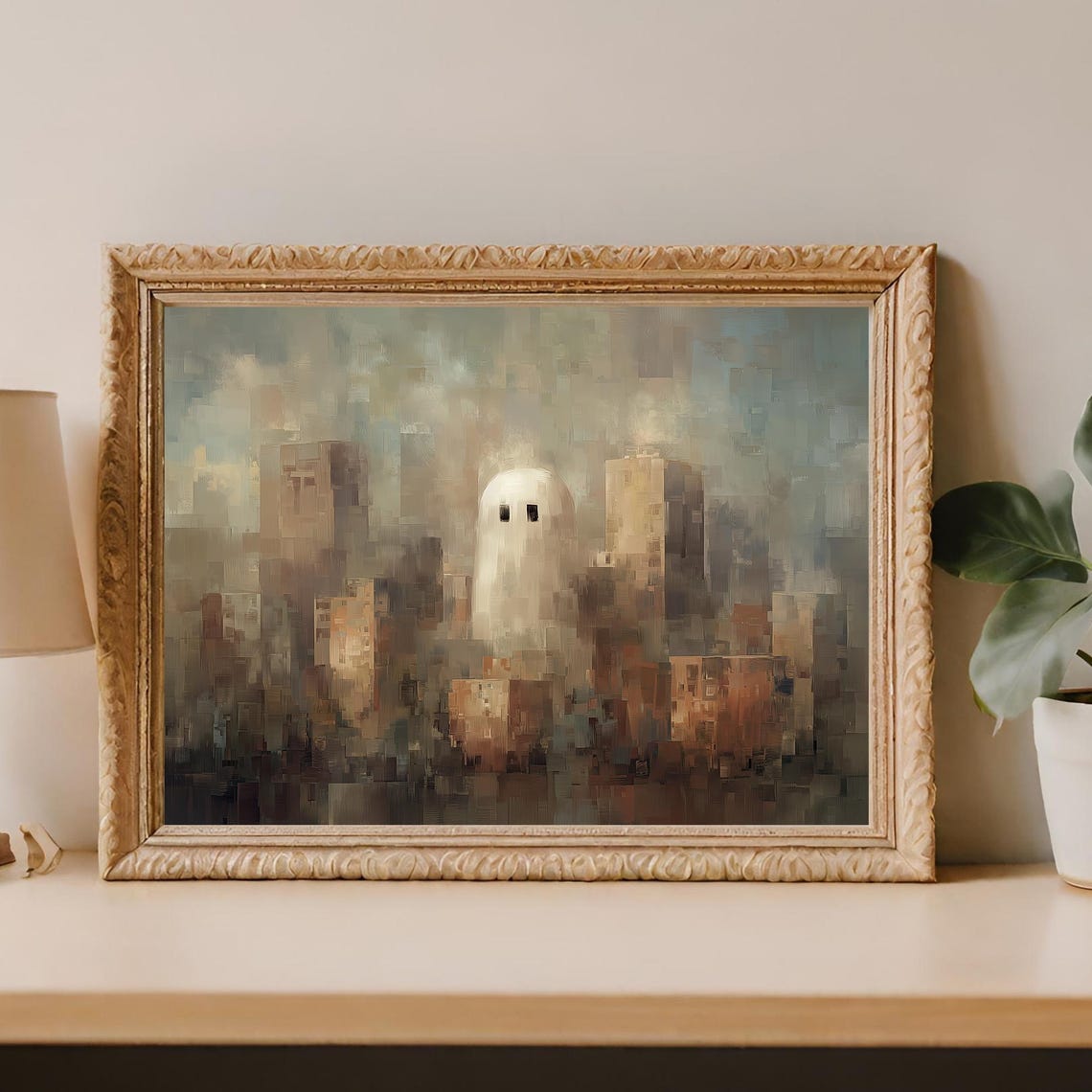 Cute Ghost Floating Over Haunted Cityscape Halloween Art Poster