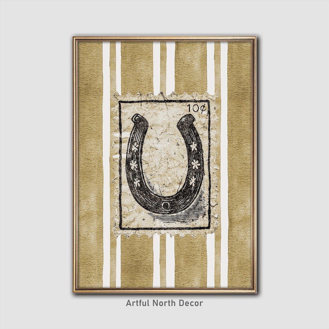 Vintage 10 Cent Horseshoe Postage Stamp Style Gold Stripe Print