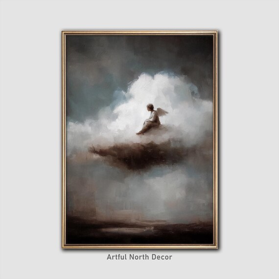 Moody Angel On Cloud, Gothic Wall Art Print