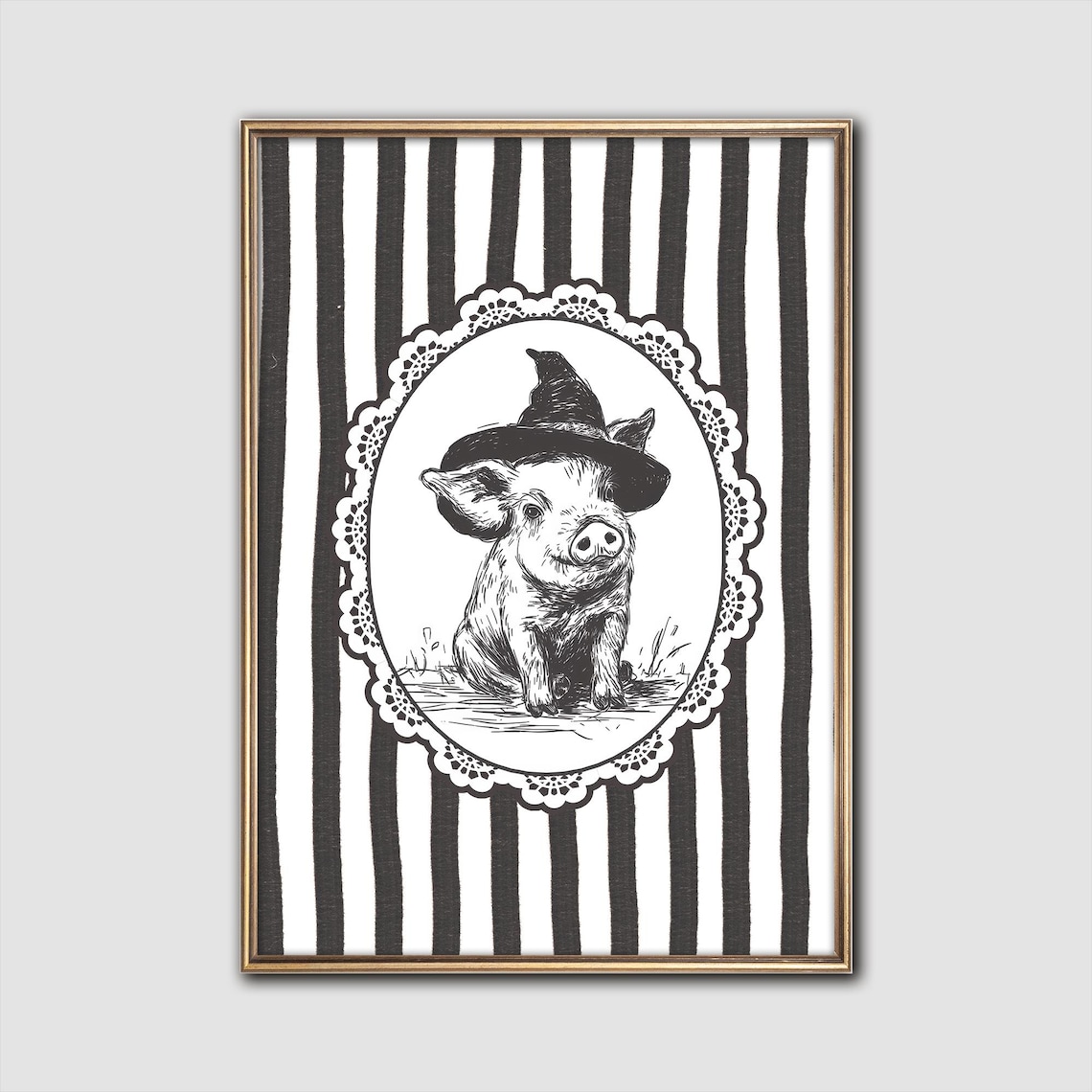 Whimsical Pig In Witch Hat Farmhouse Halloween Sketch Art Poster