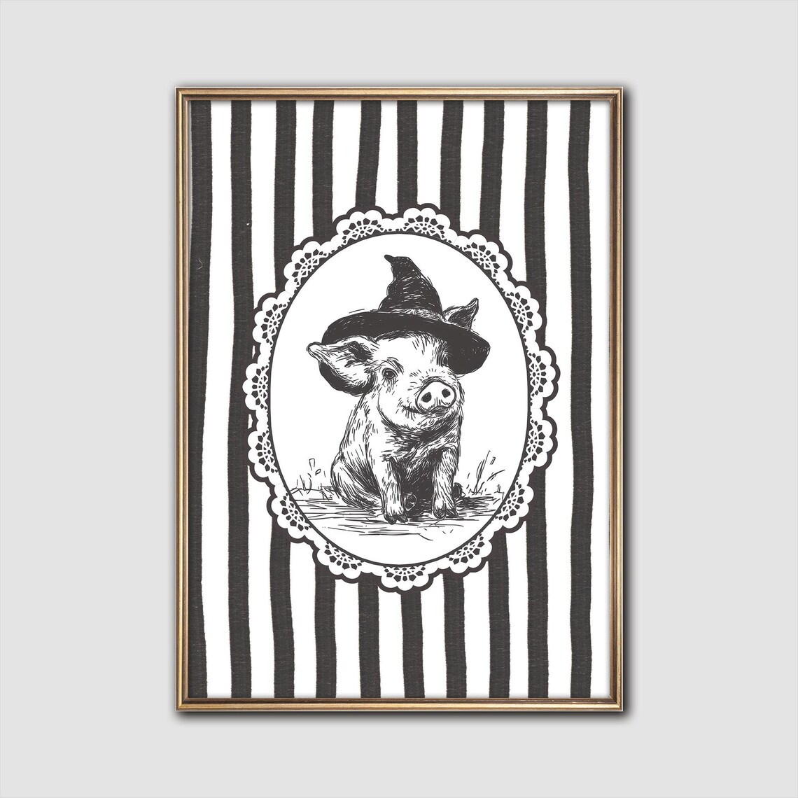 Whimsical Pig In Witch Hat Print Farmhouse Halloween Decor