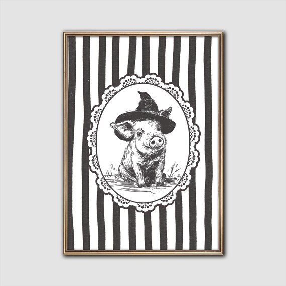 Whimsical Pig In Witch Hat Print Farmhouse Halloween Decor