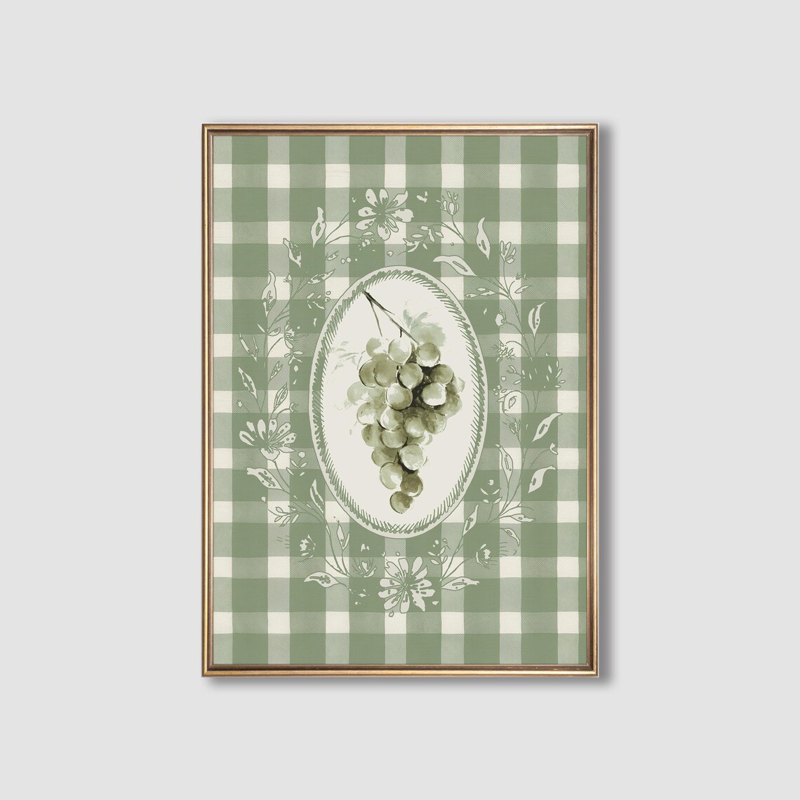 Grapes Painting Vintage Gingham Kitchen Art Print