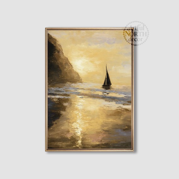 Lone Sailboat At Golden Sunset By The Cliffside Moody Ocean Poster