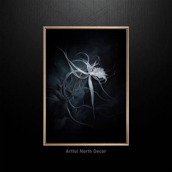 White Orchid Wispy Petals On Dark Moody Botanical Art Poster