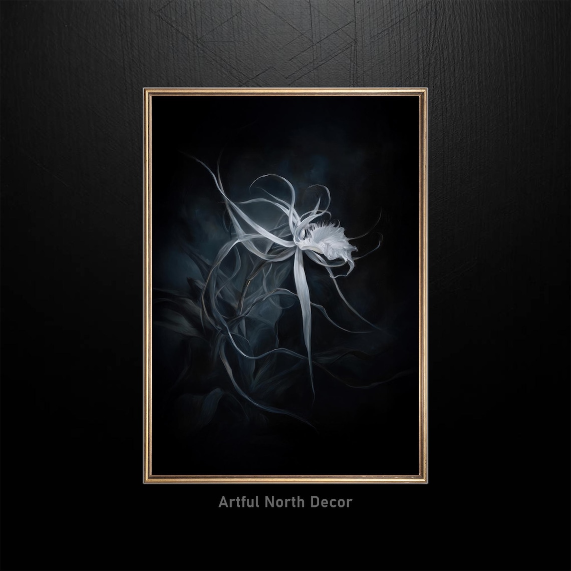 White Orchid Wispy Petals On Dark Moody Botanical Art Poster