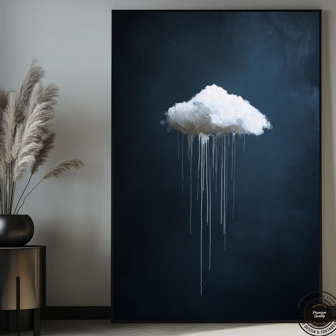 Moody White Cloud Drip Painting Dark Teal Night Sky Art Poster
