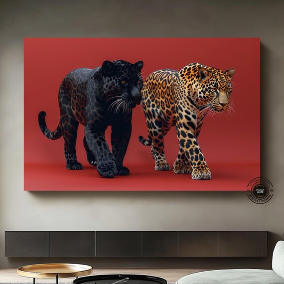 Black Panther and Golden Leopard Pair on Bold Red Background Poster