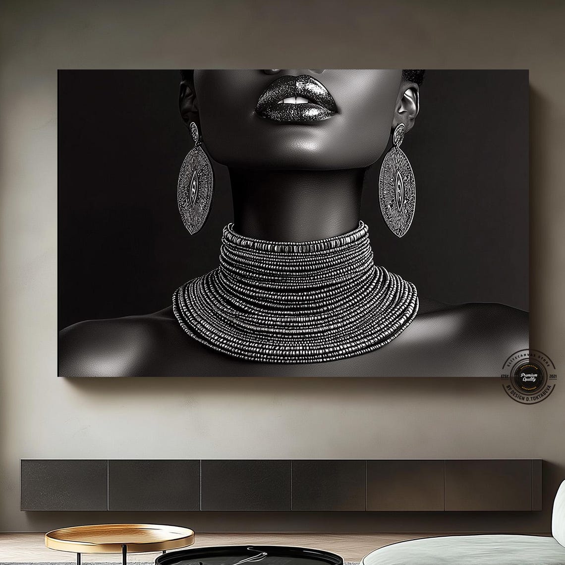 African Woman Portrait with Beaded Necklace and Bold Lips Poster
