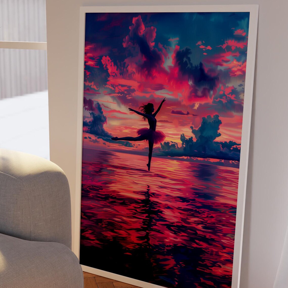 Ballet Dancer Silhouette Leaping Over Ocean At Fiery Sunset Art Poster