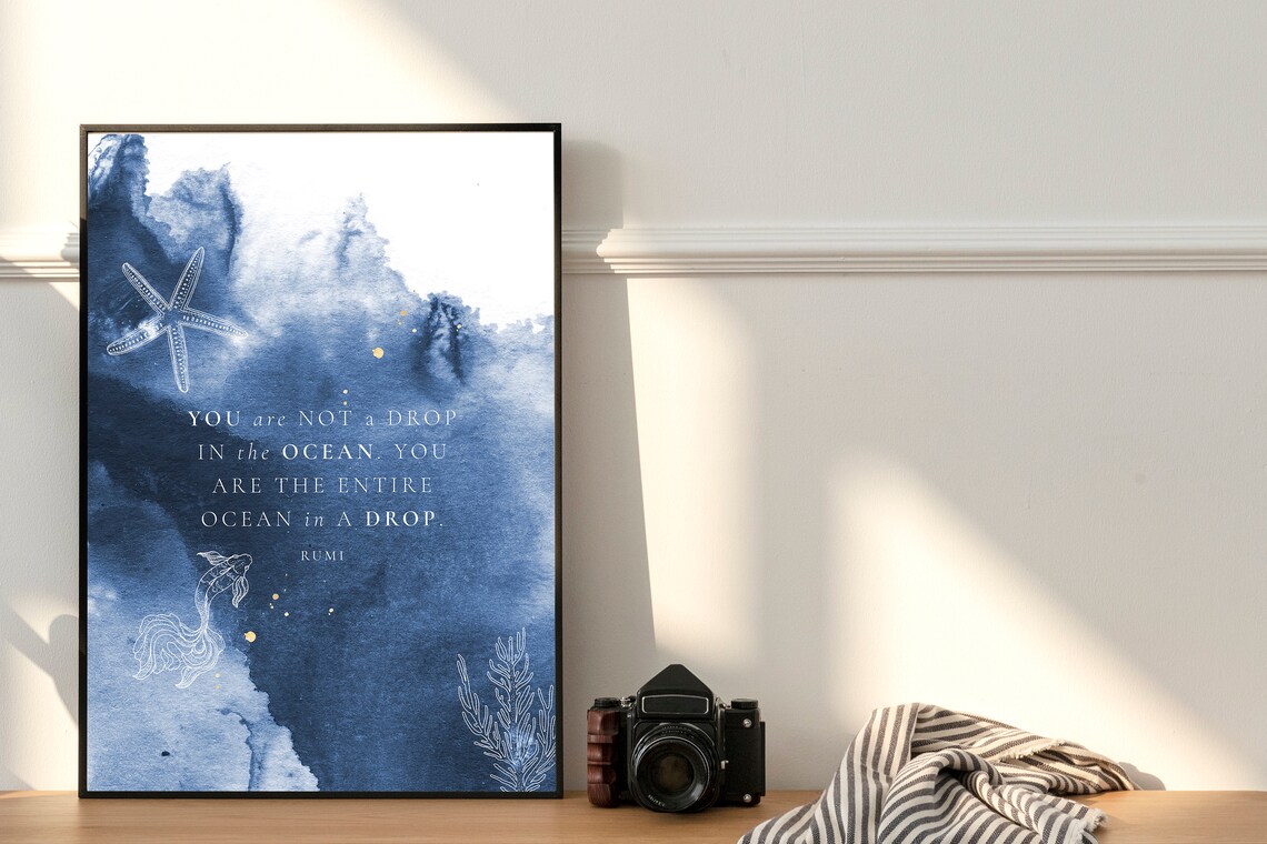 Rumi Quote You Are the Entire Ocean in a Drop Blue Watercolor Poster - Image 3