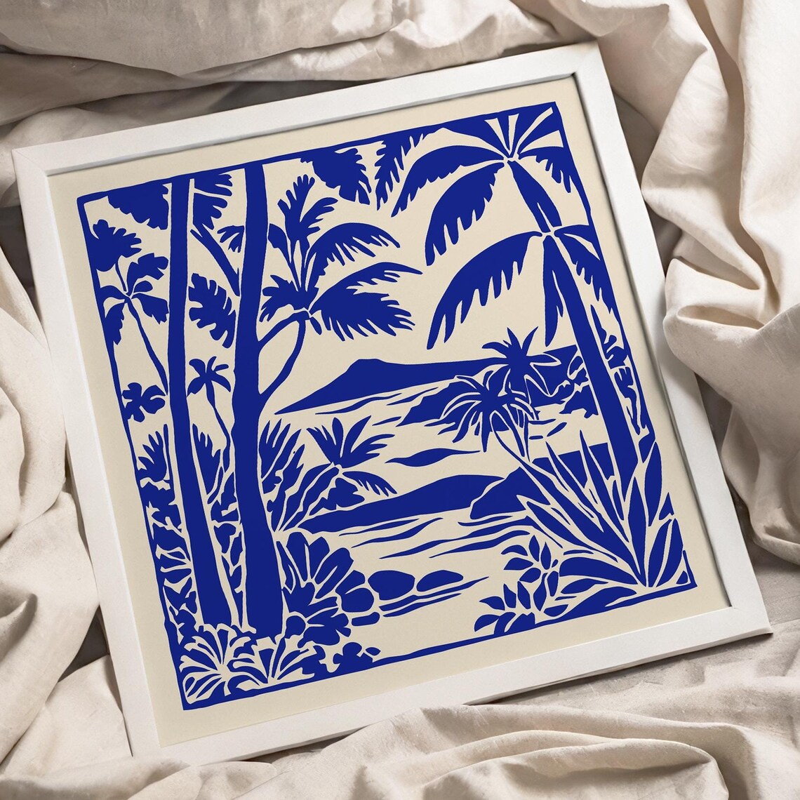 Hawaii Blue Ink Palm Lagoon Linocut Tropical Travel Art Poster