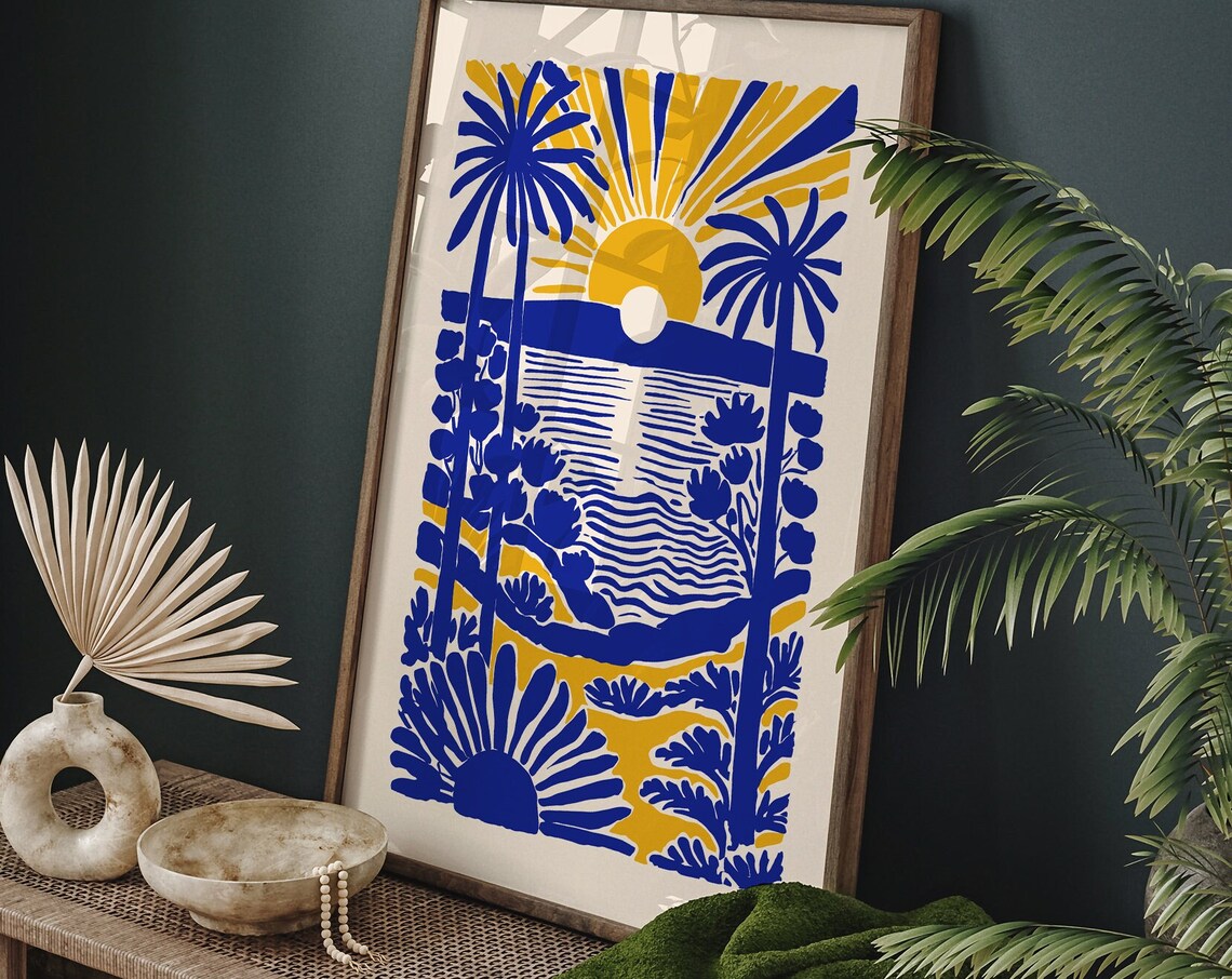 Sunrise Beach Paradise Blue Yellow Coastal Waves Palms Art Poster
