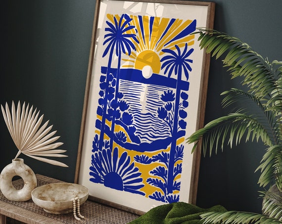 Sunrise Beach Paradise Vibrant Blue Yellow Coastal Wall Art Tropical Palm Trees And Ocean Waves Poster Nautical Home Decor Modern Art