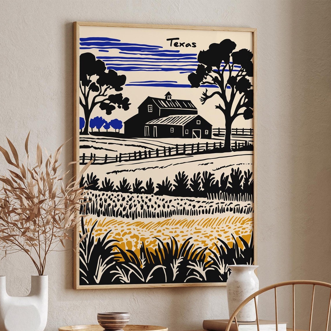Texas Barn Black Ink Rural Landscape With Blue Fields Poster - Image 5