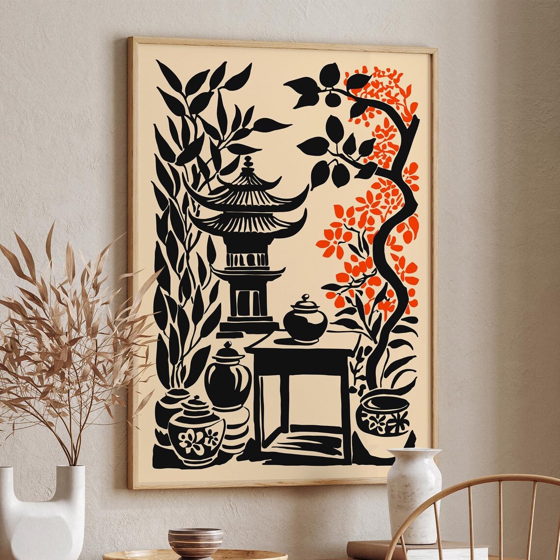 Kyoto Pagoda Black Ink Japanese Zen Still Life Poster Red Blossoms
