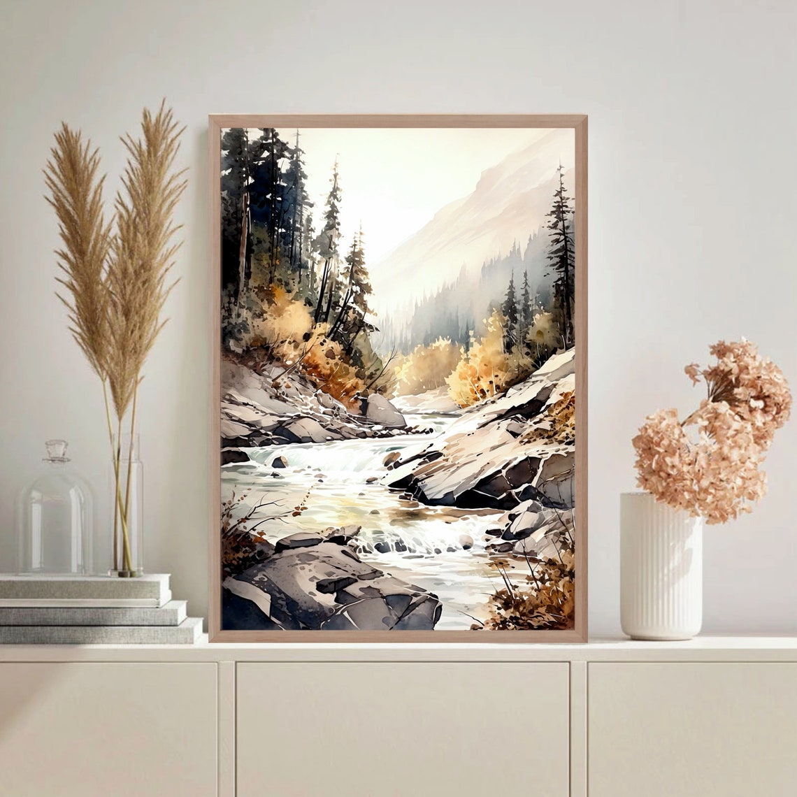 Autumn Mountain River Rocky Banks Watercolor Nature Art Poster - Image 4