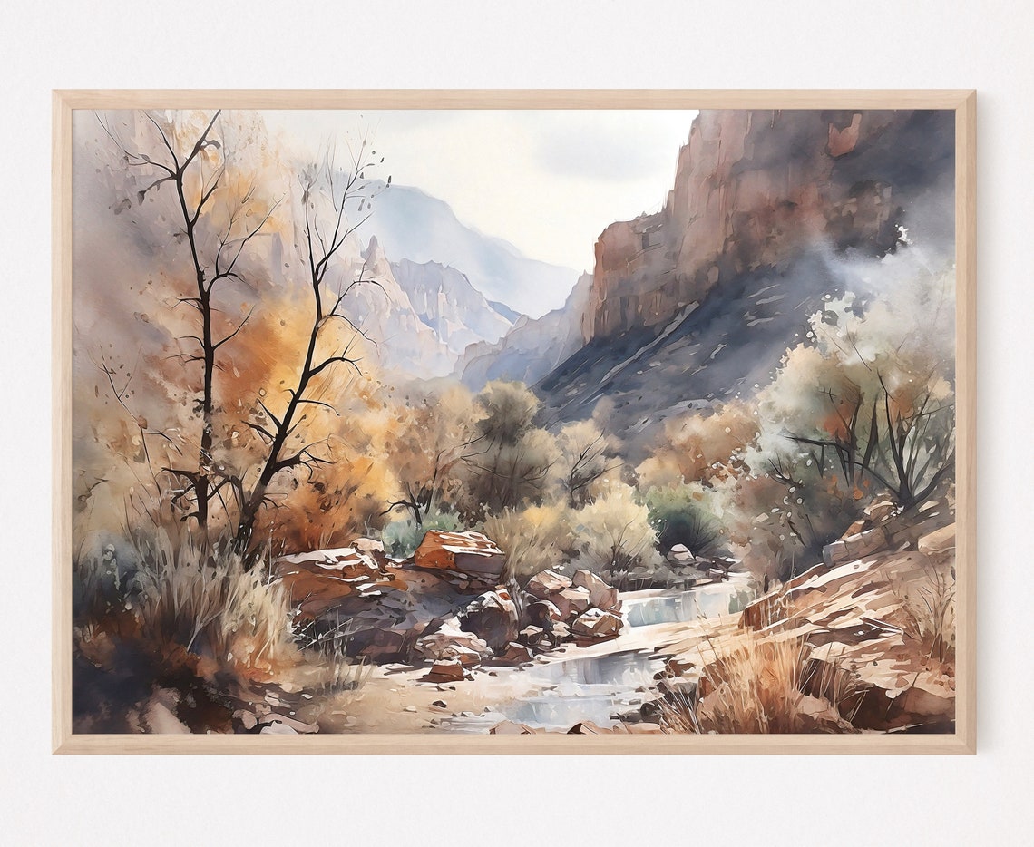 Red Rock Autumn Canyon Stream Bare Trees Misty Watercolor Poster