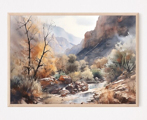Red Rock Autumn Canyon Stream Bare Trees Misty Watercolor Poster