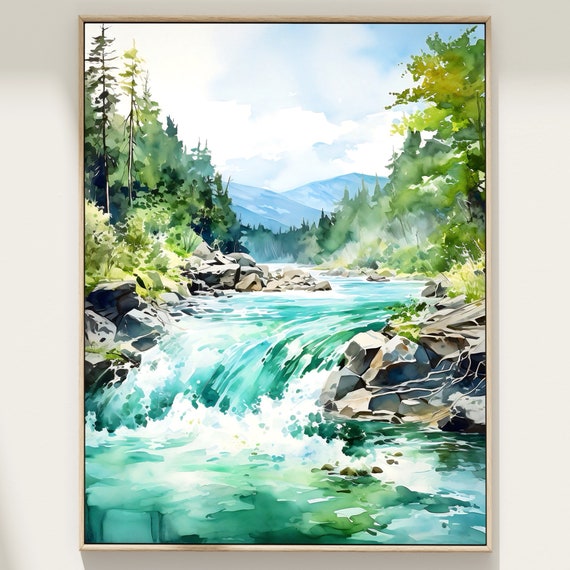 Mountain River Watercolor Painting Art Print