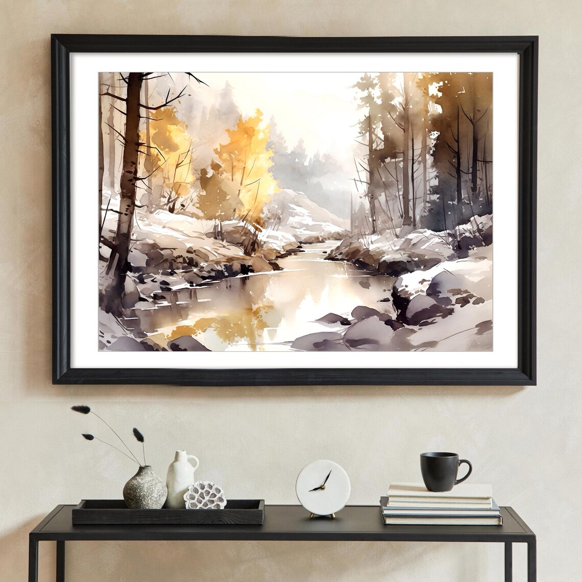 Winter River Through Snow Golden Autumn Trees Glow Watercolor Scene Poster - Image 4