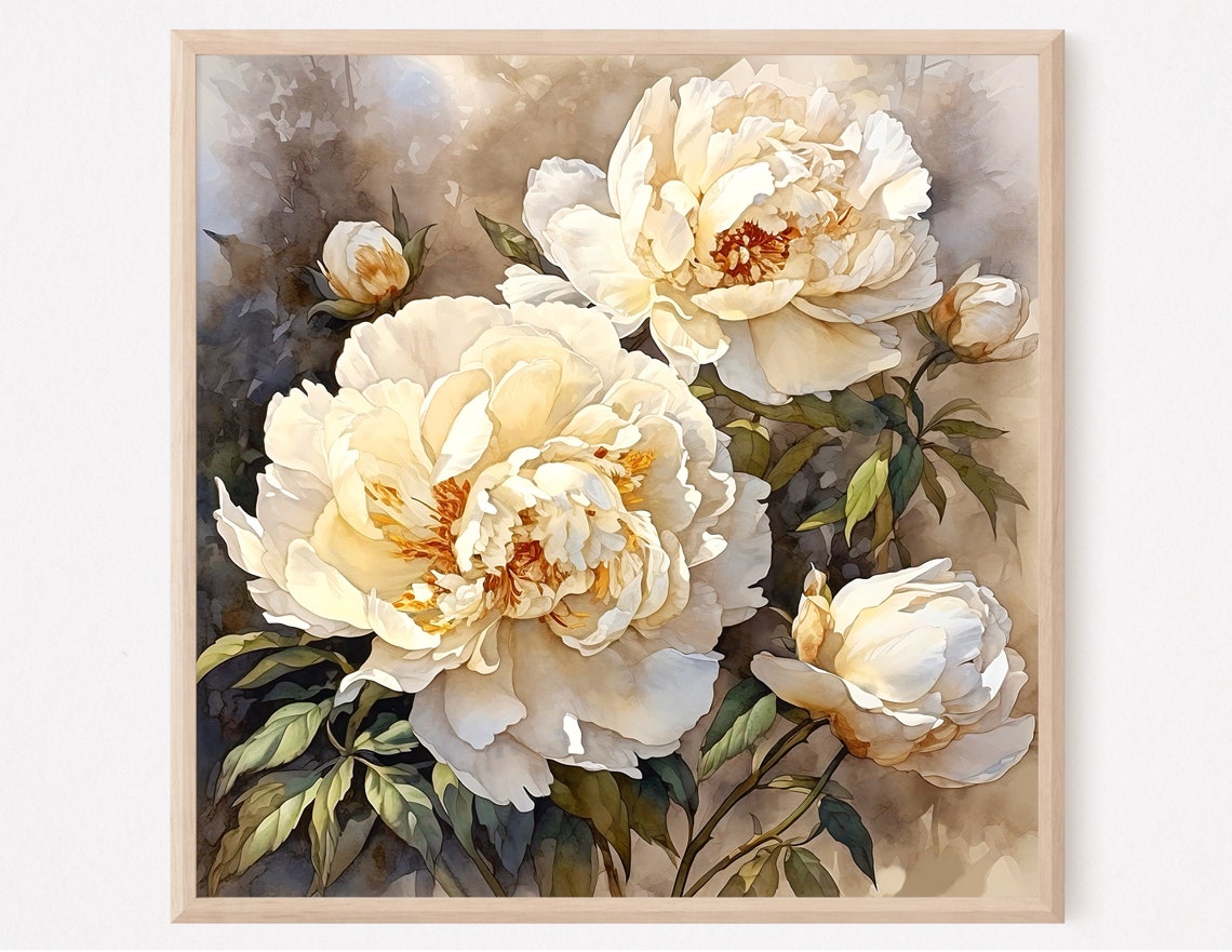 Ivory White Peonies Watercolor Elegant Floral Botanical Art Print