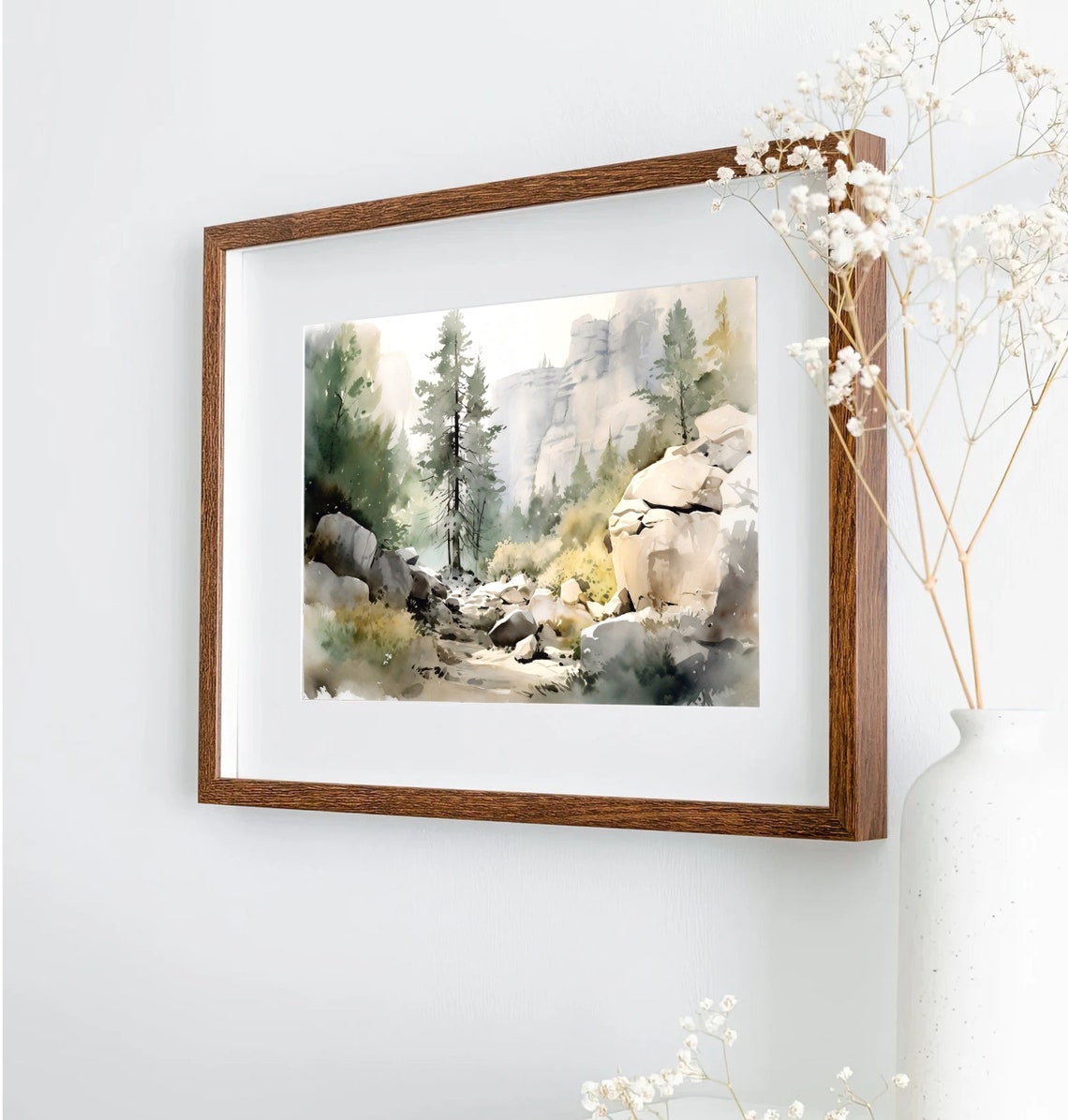 Rocky Forest Stream Watercolor Painting with Pines and Cliffs Poster - Image 4