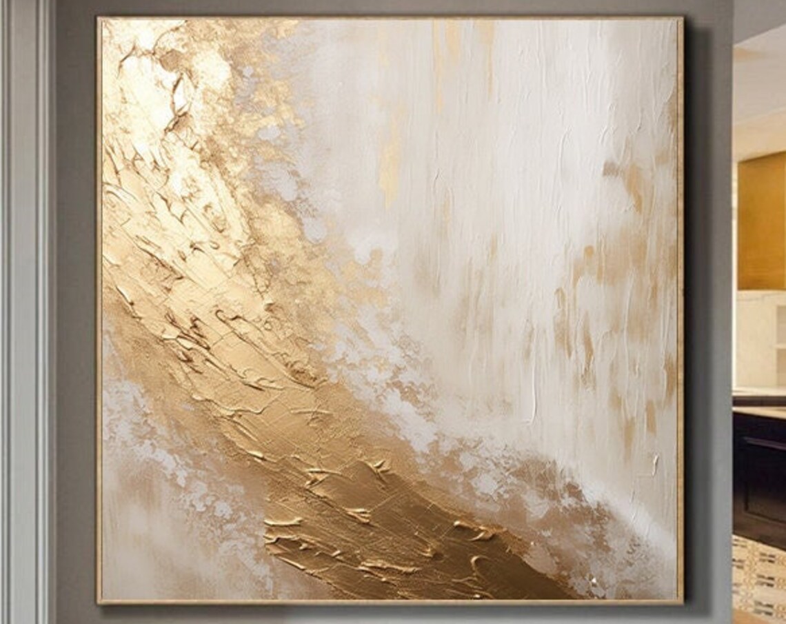 Gold Abstract Painting, White and Black Art Print