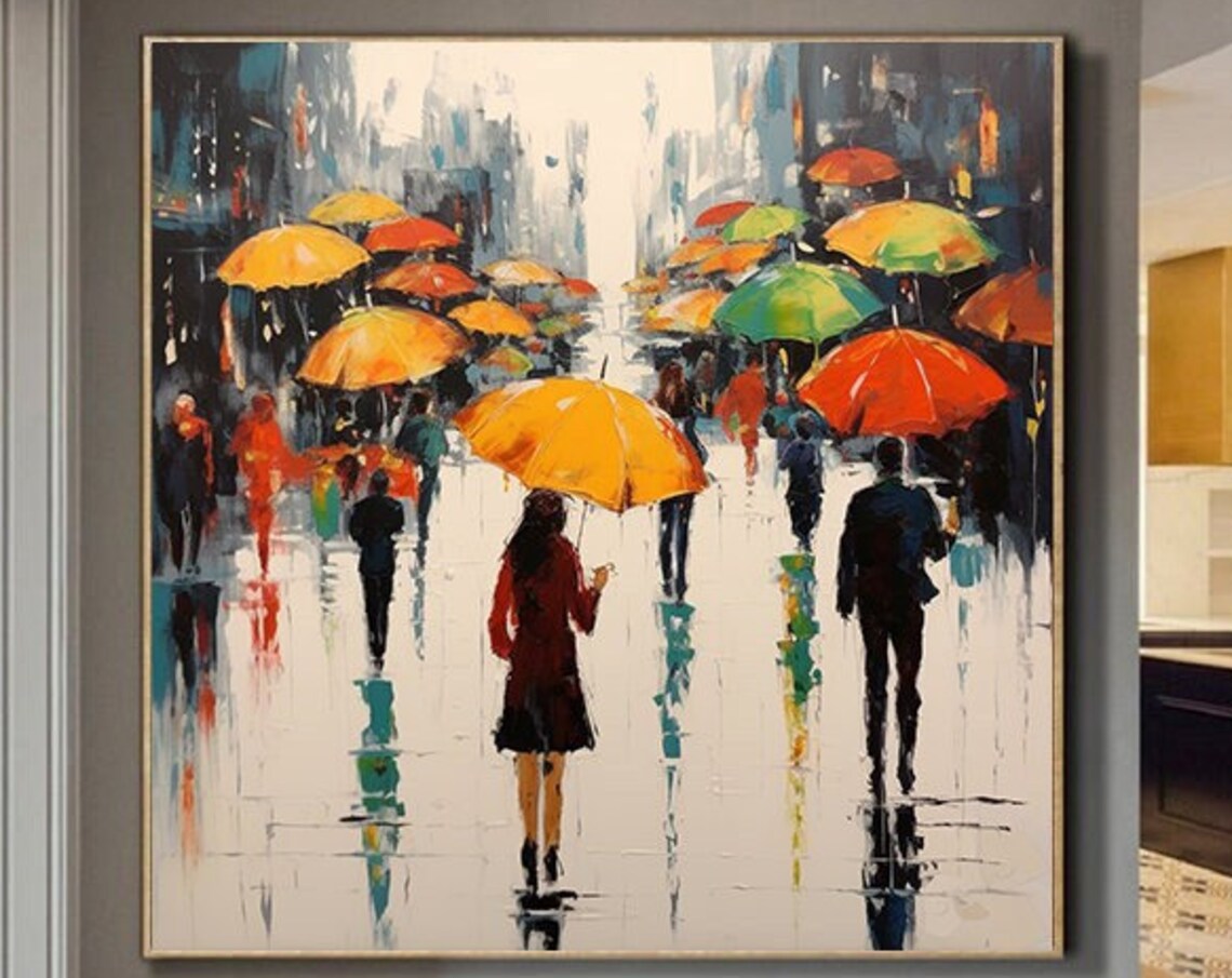 Rainy City Street Scene With Colorful Umbrellas Impression Poster